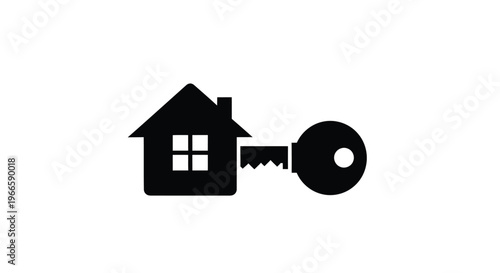 A black silhouette of a house with a key in its doorway represents home ownership.