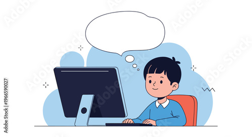 Little boy sitting at his desk and working on a computer while thinking about new creative ideas for his project at school.