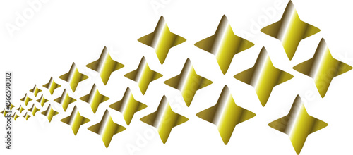 A dynamic diagonal arrangement of glossy golden four-pointed stars receding into the distance creating a sense of movement, made for awards, ratings, or decorative elements on transparent background