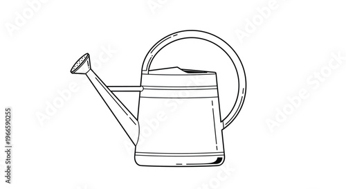 Simple black and white line art illustration of a classic garden watering can isolated on a plain white background for coloring.