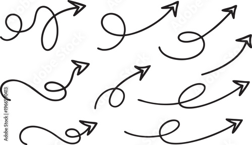Hand drawn arrow set with 9 curved doodle elements, black ink sketch arrows for business presentations, decorative swirly pointer vector collection