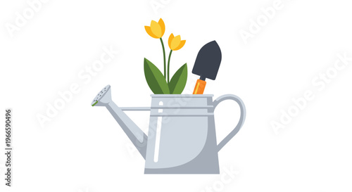 Metal watering can holding beautiful yellow tulips and a small garden trowel as a symbol of productive spring gardening work.
