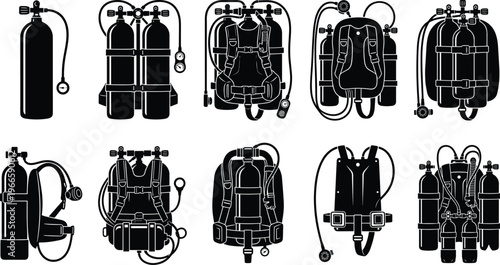 Large collection of scuba diving oxygen tank silhouettes with regulators and harnesses isolated on white background for underwater sports adventure and maritime equipment design