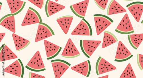 Colorful seamless pattern of juicy watermelon slices with black seeds scattered on a clean white background for summer.