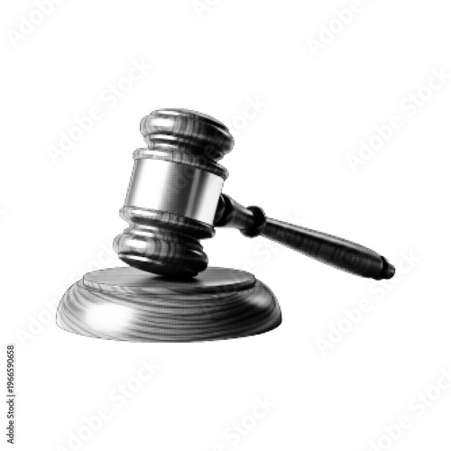 Halftone illustration of a judge gavel on sounding block, isolated on light background, symbol of justice, law, court decision, auction and legal authority.