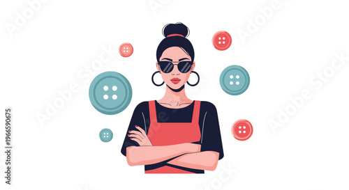 Stylish woman with hair in a bun and sunglasses standing with arms crossed surrounded by various colorful sewing buttons.