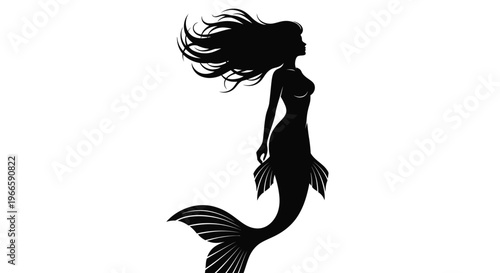 Silhouette of a mermaid with flowing hair and a fish tail against a white background.