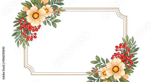 Beautiful rectangular frame adorned with elegant orange flowers, green leaves, and clusters of red berries in the corners.