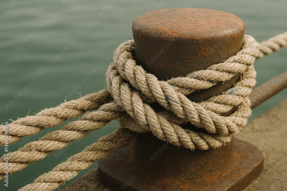 Fototapeta premium Rusty bollard with tied rope on harbor dock for mooring boat or ship