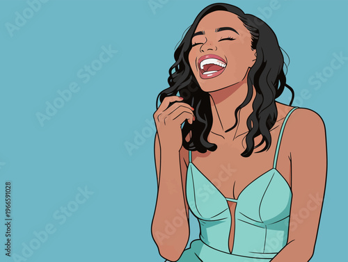 Woman laughs happily with a smile while wearing a light blue dress against a solid blue background