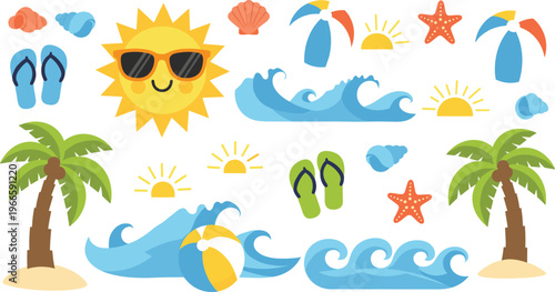 Summer beach vector set with sun waves palm trees flip flops starfish and tropical vacation elements cute flat style isolated on white background