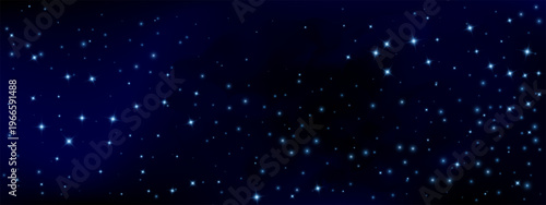 Deep blue celestial backdrop with glowing constellations and cosmic nebula. Winter universe panorama featuring purple gradient, shimmering particles, and galactic dust clouds.