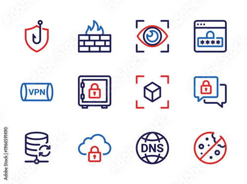 Personal cyber-defense monoline security icons set