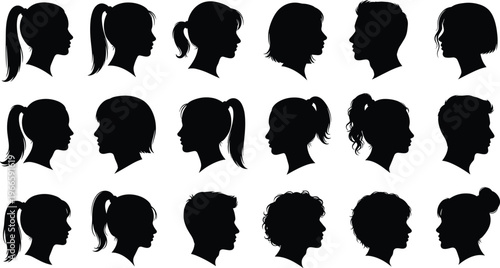 Set of diverse human head profile silhouettes featuring men and women with various hairstyles and haircuts for beauty salon hair care and identity representation.