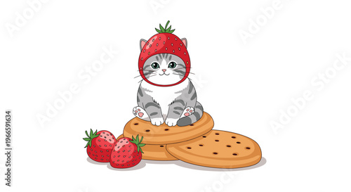 Cute gray tabby kitten wearing a strawberry hat and sitting on a stack of delicious round cookies with fresh strawberries.