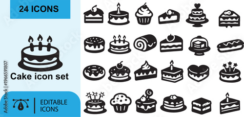 Set of festive food vector icons featuring cakes cupcakes candy and holiday decorations for web and mobile design