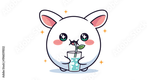 Cute round white bunny character with big sparkling eyes happily drinking fresh juice from a glass through a green straw.