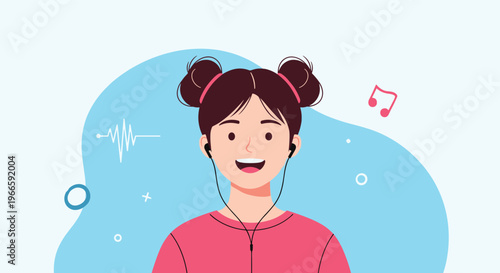 Happy young girl with hair in two buns listening to music through headphones against a blue abstract background with notes.