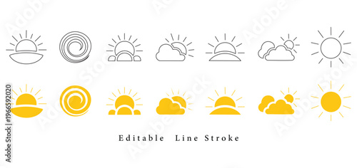 Editable Yellow Sun Icon Set: Minimalist Sunshine, Sunrise, and Sunset Vector Signs Isolated on Transparent Background