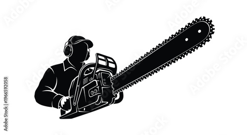 A silhouetted person in headphones holds a large chainsaw with a long bar.
