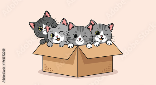 Four cute gray tabby kittens looking out from a brown cardboard box on a soft peach colored background for animal lovers.