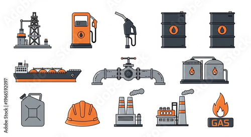 Oil and Gas Industry Icons - Extraction, Transportation, and Processing.