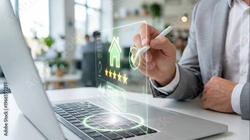 Businessman in a grey suit using a digital stylus on a futuristic glowing hologram of a house with five stars, checkmark, and data charts above a laptop in a bright modern office space.