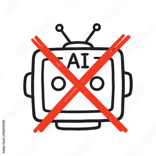 Hand-drawn doodle icon featuring a robot head with 'AI' crossed out by a red X. Perfect for concepts of anti-AI, human-made content, and banning artificial intelligence in creative works.