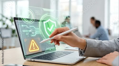 Professional using a digital stylus on a laptop with a futuristic holographic cybersecurity interface featuring AI shield and warning icons in a bright modern office environment.