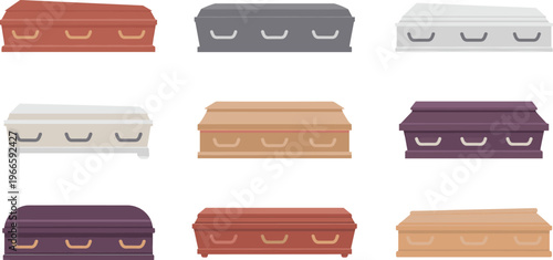 Coffin collection vector illustration with various casket styles, funeral burial concept, wooden and metal designs, isolated memorial set background