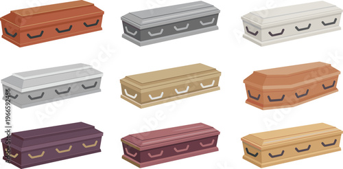 Coffin set vector illustration featuring different casket designs, funeral burial concept, wooden and metal coffins, isolated collection on white background