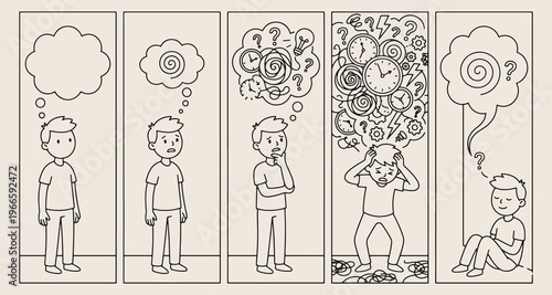 Overthinking mental health, stress management sketch, anxiety awareness doodles, confused man illustration, psychology concept art, mindfulness therapy symbols, messy thoughts graphics

