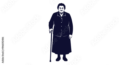An elderly woman stands with a cane, dressed in a dark outfit, against a white background.