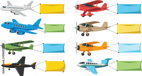 Colorful airplane collection vector illustration showing different aircraft types with exhaust trails, aviation design, transportation concept, isolated on white background