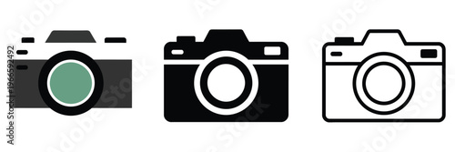 camera icon set, photo camera symbols in flat style, photography equipment collection, snapshot and media capture concept, modern clean vector illustration design.