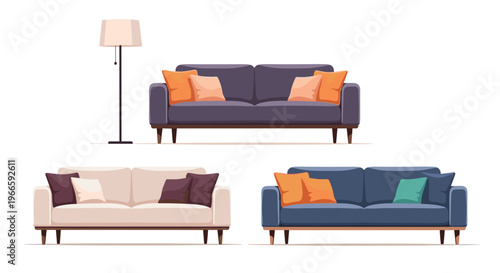 Interior design set featuring three stylish modern sofas in different colors and a minimalist floor lamp for living room visualization.