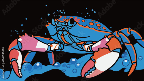Bright blue crab swims in ocean water with bubbles in a colorful underwater scene during daytime