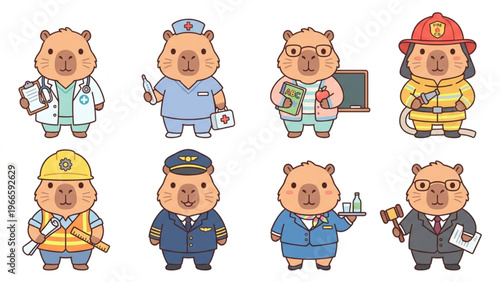 Set of funny cartoon animals featuring a cute Capybara, character collection in a vector illustration style Animal in Uniform, Doctor, Nurse, Fightfireman, Air Hostess, Flight Captian, Teacher