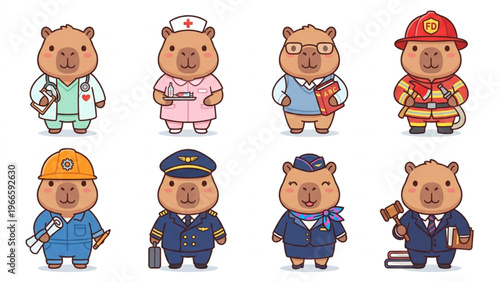 Set of funny cartoon animals featuring a cute Capybara, character collection in a vector illustration style Animal in Uniform, Doctor, Nurse, Fightfireman, Air Hostess, Flight Captian, Teacher