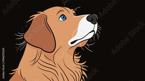 Golden dog looking up with bright blue eyes and detailed fur on a dark background