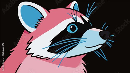 Cartoon raccoon with colorful features looking to the side against a dark background during a creative art session