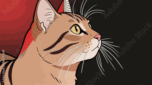 Cat looking to the side with bright colors in the background and clear details on its face and fur