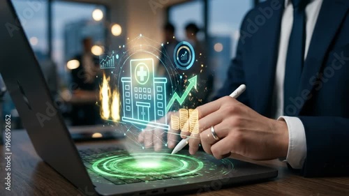 Businessman in suit using stylus on laptop with glowing digital hologram of hospital building and financial growth charts in modern office, depicting healthcare investment and technology.
