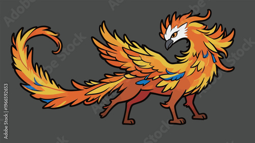 Bright phoenix with colorful feathers stands proudly on a plain background during a creative design session