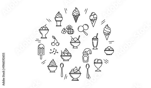 Ice cream sundae outline icon collection with cone scoop and dessert cafe symbols for web UI