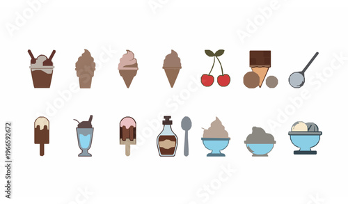 Modern ice cream sundae line icon collection with cone scoop and dessert elements