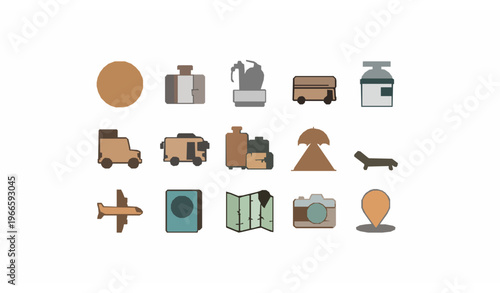 Modern tourist travel line icon collection with suitcase transport and vacation elements