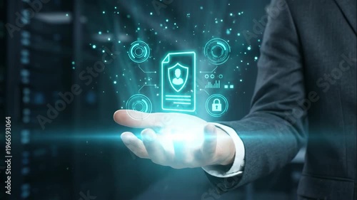 Businessman hand holding glowing neon blue digital shield hologram with profile document icon in dark high-tech server room background, symbolizing data protection, privacy and cyber security.