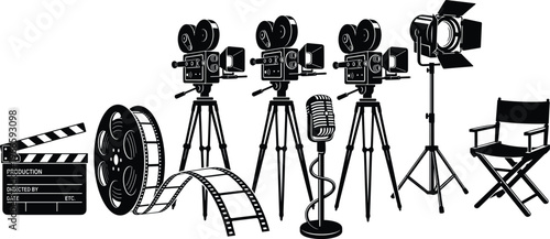 Movie production equipment vector collection featuring cinema cameras on tripods film reel clapperboard studio lighting microphone and directors chair silhouettes for filmmaking industry design