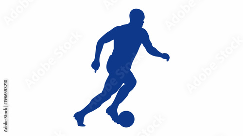 Minimalist blue silhouette of a male soccer player dribbling the ball